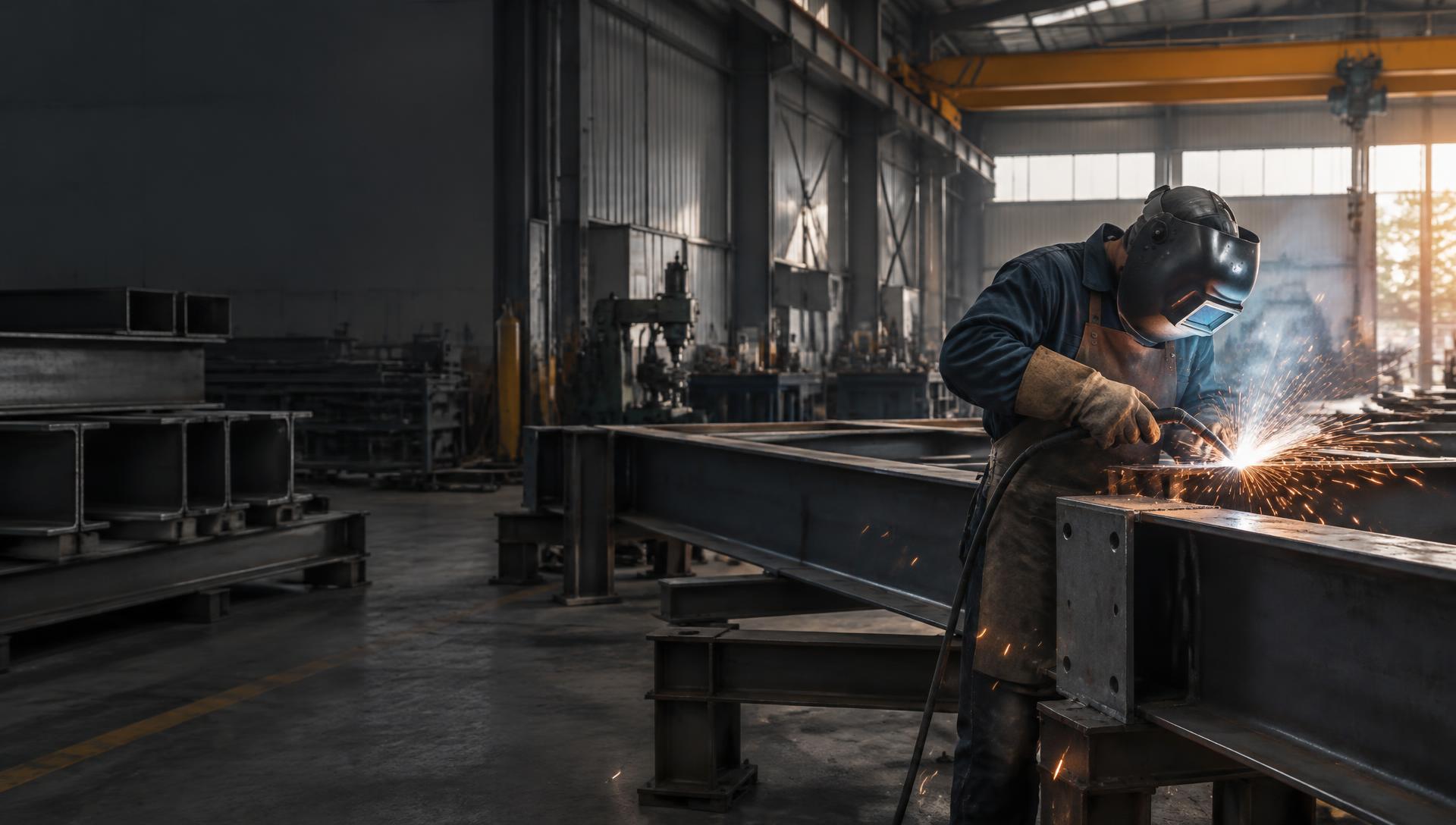 Skilled fabricator welding a structural steel beam in a workshop